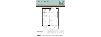 A floor plan for a 500 square foot apartment with one bed and one bath.