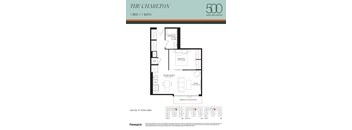 A floor plan for an apartment in The Charlton, showing a bedroom, bathroom, kitchen/dining area, and living room.