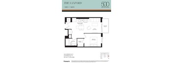 A floor plan for a 1 bedroom, 1 bathroom apartment at The Sanford in Upper Wellington.