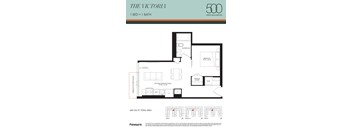 A floor plan for an apartment in The Victoria building, which includes one bedroom and one bathroom.