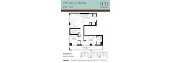 A floor plan for a 2 bedroom, 2 bathroom apartment in The Wentworth building.