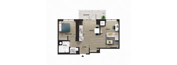 A floor plan of an apartment with a balcony, foyer, bathroom, bedroom, dining room, and living room.