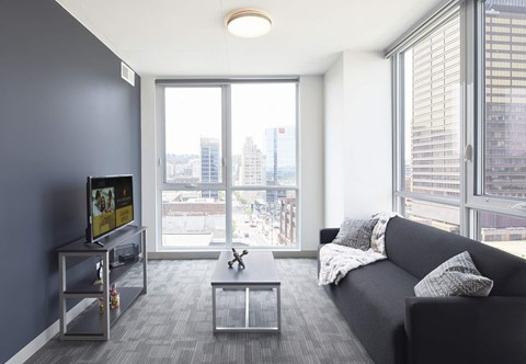 A modern living room with a black couch and a television.