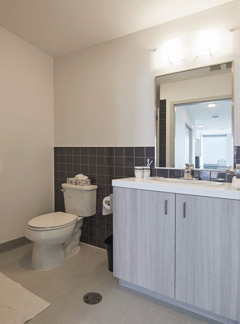 A white toilet sits next to a sink in a bathroom.