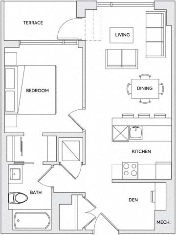 A floor plan of a house with a living room, dining room, kitchen, bedroom, bathroom, den, and mechanicals.