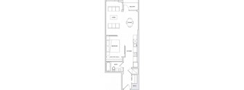 A floor plan of an apartment with a living room, dining room, kitchen, bedroom, bathroom, and a balcony.