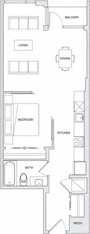 A floor plan of an apartment with a living room, dining room, kitchen, bedroom, bathroom, and a balcony.