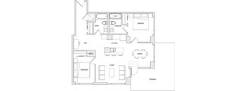 A floor plan of a house with a master suite, two bedrooms, a kitchen, a dining area, and a terrace.