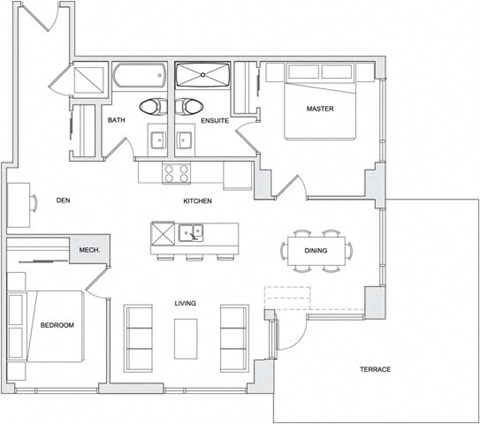 A floor plan of a house with a master suite, two bedrooms, a kitchen, a dining area, and a terrace.