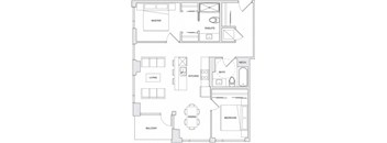 A floor plan of an apartment with a master suite, living room, kitchen, dining room, and balcony.