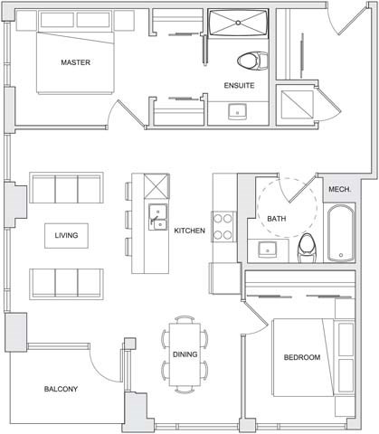 A floor plan of an apartment with a master suite, living room, kitchen, dining room, and balcony.