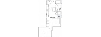 A floor plan of a house with a kitchen, bathroom, and a terrace.