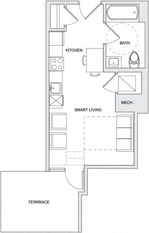 A floor plan of a house with a kitchen, bathroom, and a terrace.