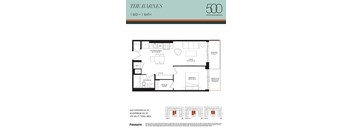 A floor plan for a 500 square foot apartment with one bed and one bath.