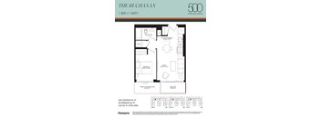 A floor plan for a 500 square foot apartment with one bed and one bath.