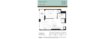 A floor plan for a 1 bedroom, 1 bathroom apartment at The Delta in Upper Wellington.