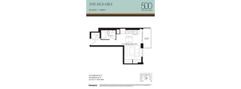 A floor plan for a 500 square foot studio with one bath.