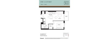 A floor plan for a 1 bedroom, 1 bathroom apartment at The Sanford in Upper Wellington.