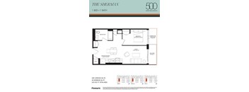 A floor plan for a 500 square foot apartment with one bed and one bath.