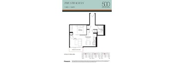 A floor plan for a Strachan 500 unit in Upper Wellington shows a 1 bedroom + 1 bathroom layout.