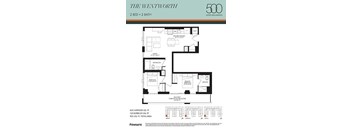 A floor plan for a 2 bedroom, 2 bathroom apartment in The Wentworth building.