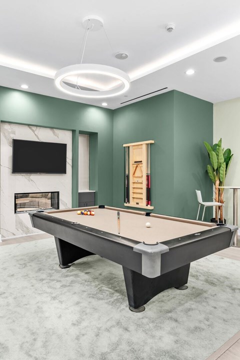 A pool table in a room with a fireplace and a TV.