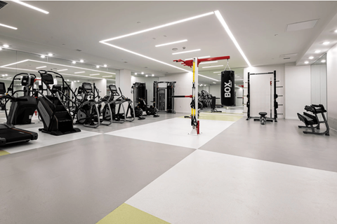 A gym with a variety of equipment including treadmills, weights, and exercise machines.