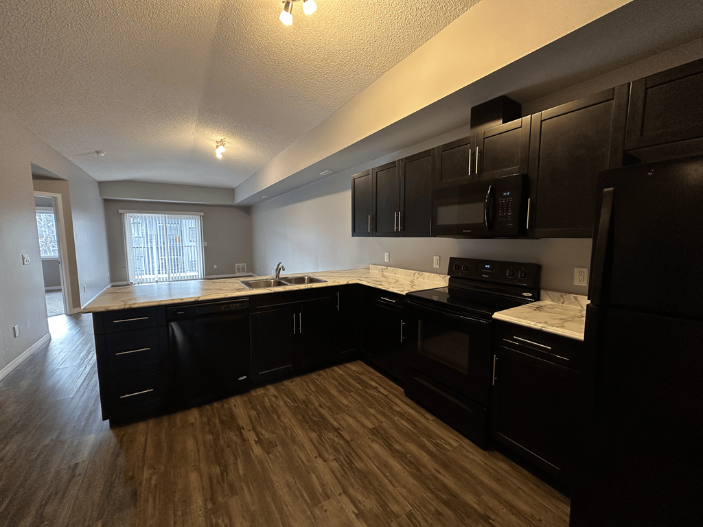 A kitchen with black cabinets and appliances.