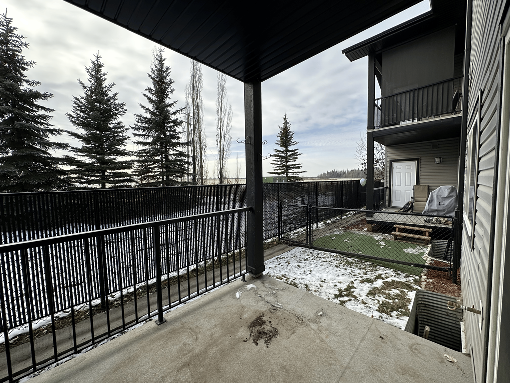A balcony with a black railing and a view of trees and a house.