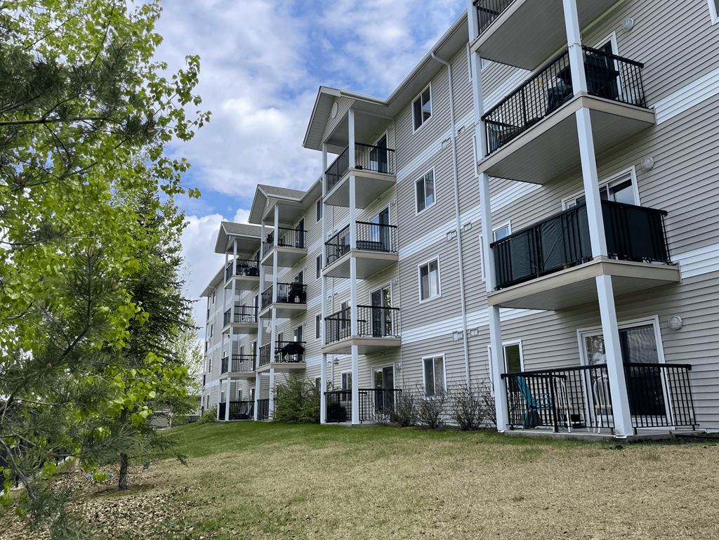 Apartment building with balconies and a tree in the foreground.