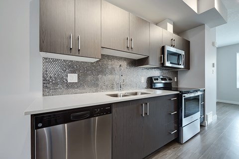 A modern kitchen with a stainless steel dishwasher and microwave.
