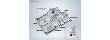 A diagram of a 1 bedroom suite shows the layout of the living, dining, and bedroom areas.