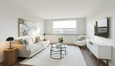 A living room with a white couch, a black table, and a painting on the wall.