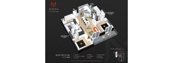 A floor plan of a 2 bedroom suite at Marda.