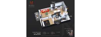 A floor plan of a one bedroom suite at Marda, showing the layout of the rooms and appliances.