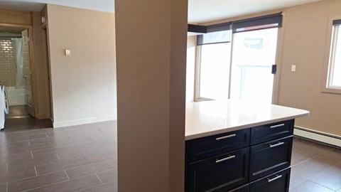 A kitchen with a counter and drawers.