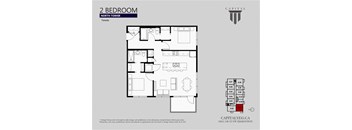 A floor plan of a 2 bedroom apartment in the North Tower of a building in Toronto.