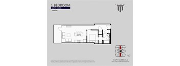 A floor plan of a 1 bedroom apartment in the Capital South Tower in Fredericton.
