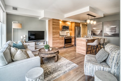 A modern living room with a grey couch and a wooden coffee table.