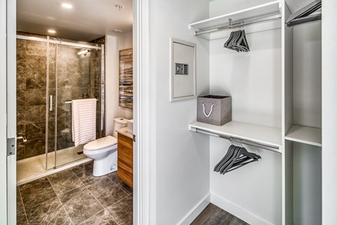 A bathroom with a walk in shower and a toilet.