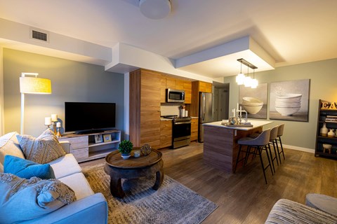 A modern living room with a couch, coffee table, and kitchen area.