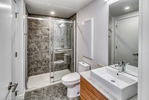 A bathroom with a toilet, sink, and walk-in shower.