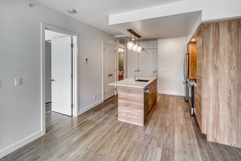 A modern kitchen with wooden floors and cabinets.