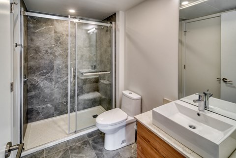 A bathroom with a toilet, sink, and walk-in shower.
