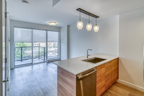 A kitchen with a sink and a window.