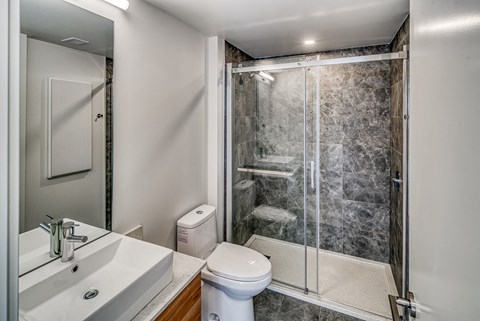 A white toilet sits next to a walk-in shower with a glass door.