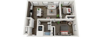 A 3D floor plan of a small apartment with a kitchen, living room, and bedroom.