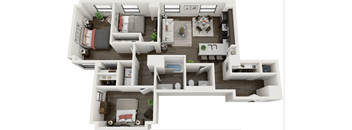 A 3D floor plan of a house with multiple rooms and furniture.