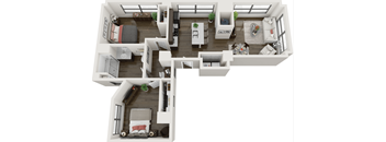 A 3D floor plan of a house with multiple rooms and furniture.