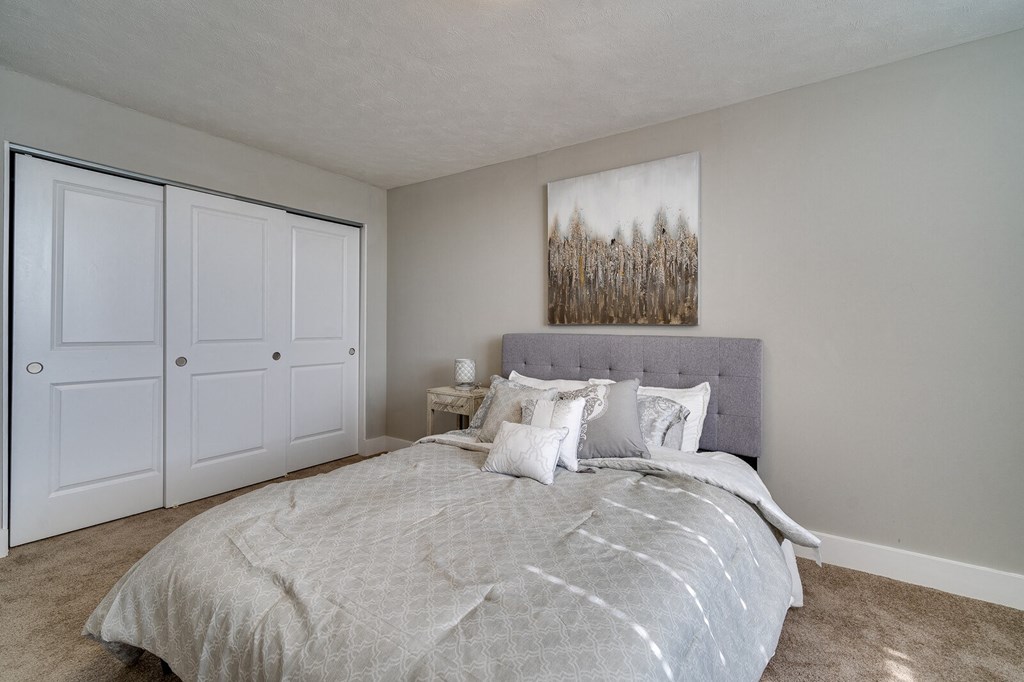 A spacious apartment bedroom with a large closet, carpeted flooring, and natural lighting